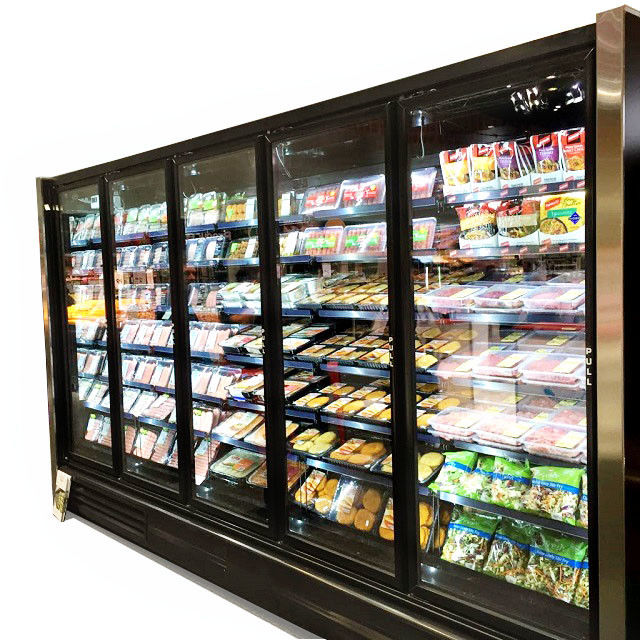 Merchandiser Pendingin Pintu Kaca Tegak 5 Pintu Mandiri Untuk Menghasilkan Daging Buah Sayur Sayuran